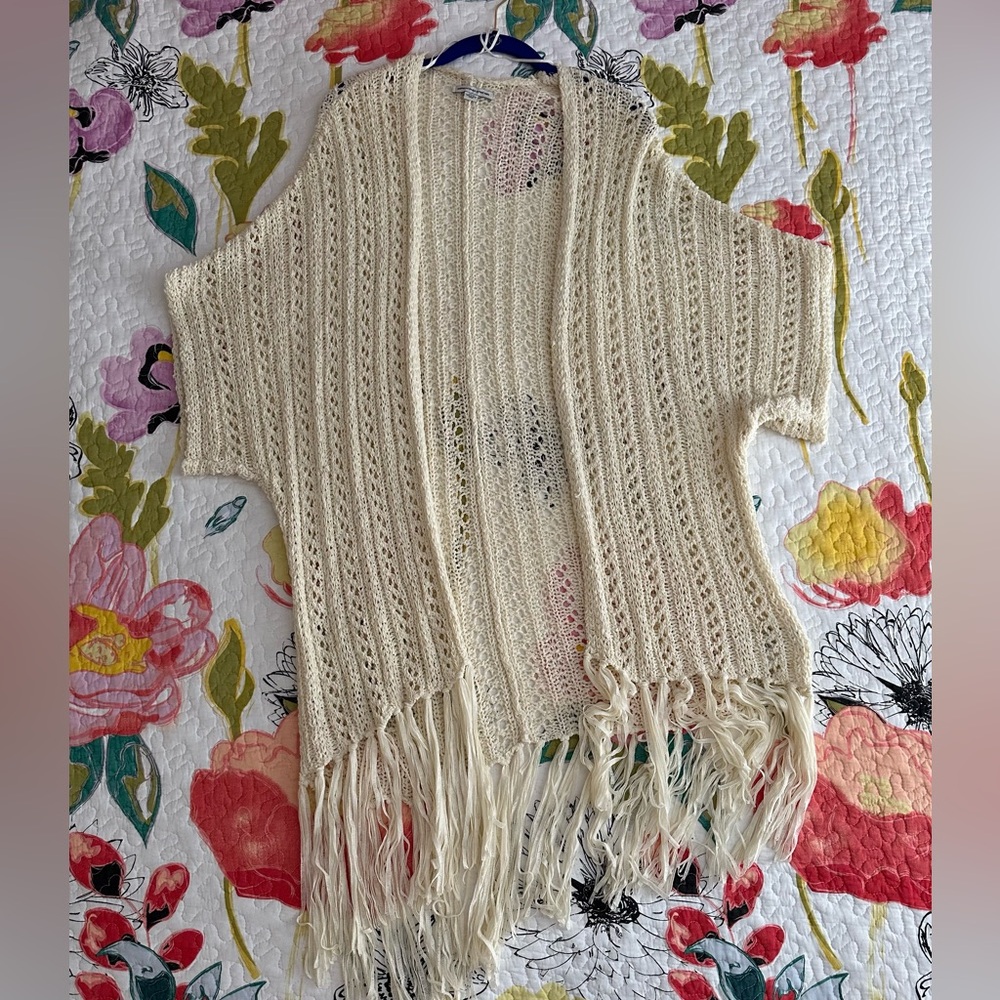 American Eagle Outfitters Cream Crochet Fringe Duster Cardigan